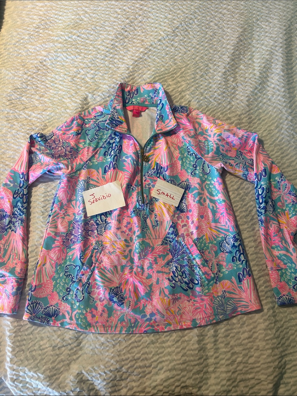 Lilly Pulitzer Pink & Aqua Floral Quarter-Zip top.